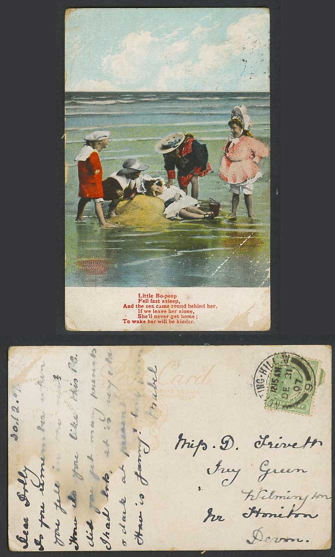 Children Girls at Play, Beach, Little Bo-peep Fell fast asleep 1907 Old Postcard
