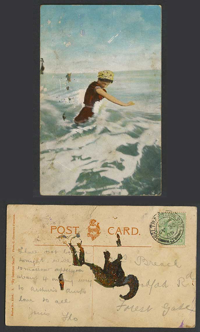 Bather Bathing Lady Woman Swimsuit Hat, Rough Sea Waves 1906 Old Colour Postcard
