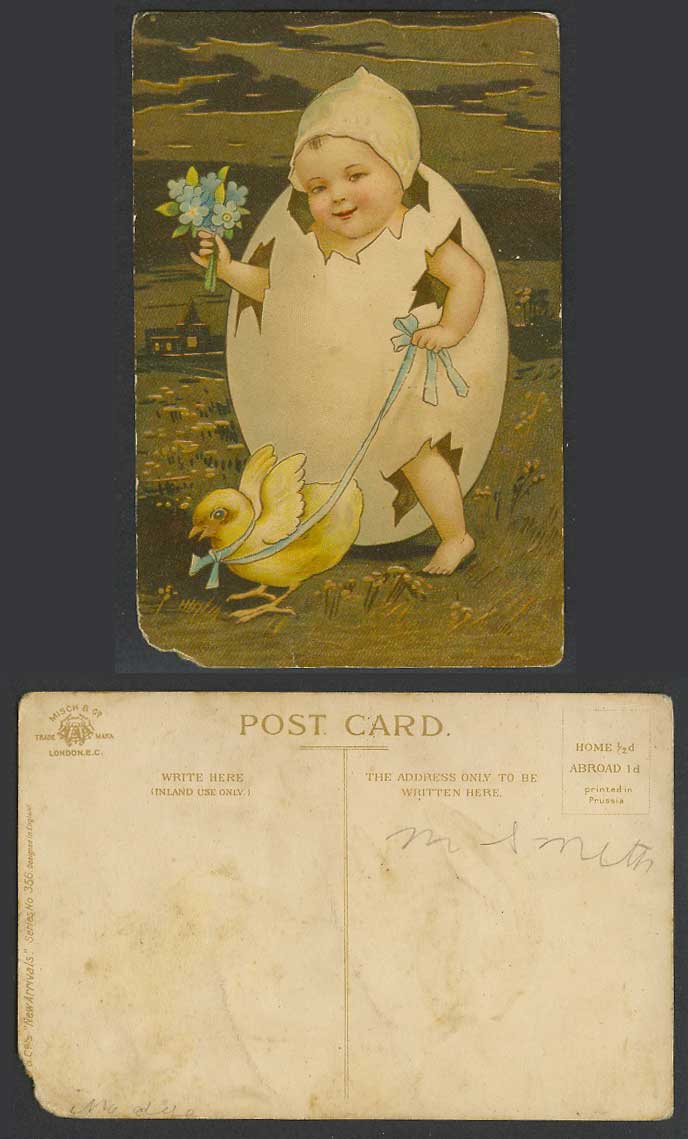 Boy Girl Child in Egg, Easter Chick Bird Bunch Flowers Artist Drawn Old Postcard