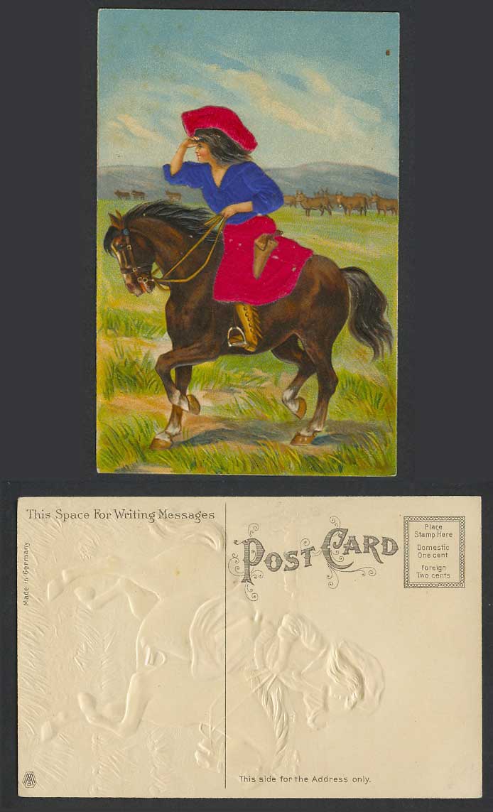 Horses Horse Rider Woman Clothes and Hat Made by Real Cloth Novelty Old Postcard