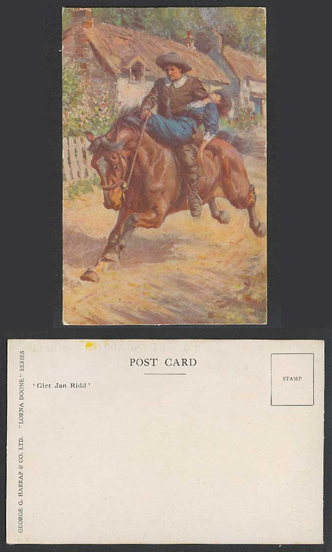 Horse Rider Carry Woman, Girt Jan Ridd, Cottage Houses Artist Drawn Old Postcard