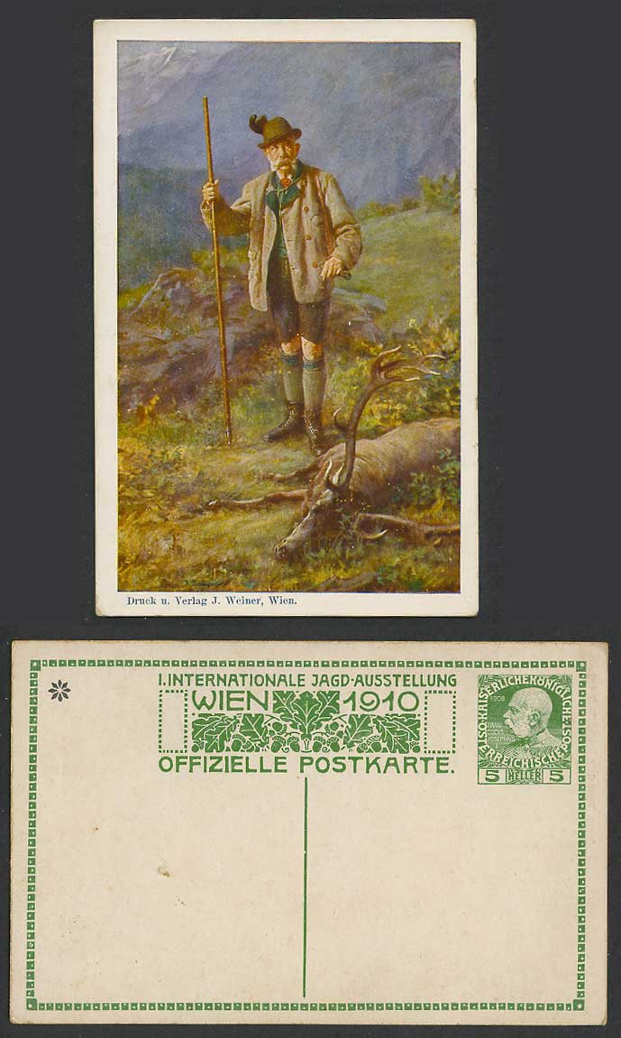 International Hunting Exhibition 1910 Old Postcard Wien Austria Hunter Stag Hill