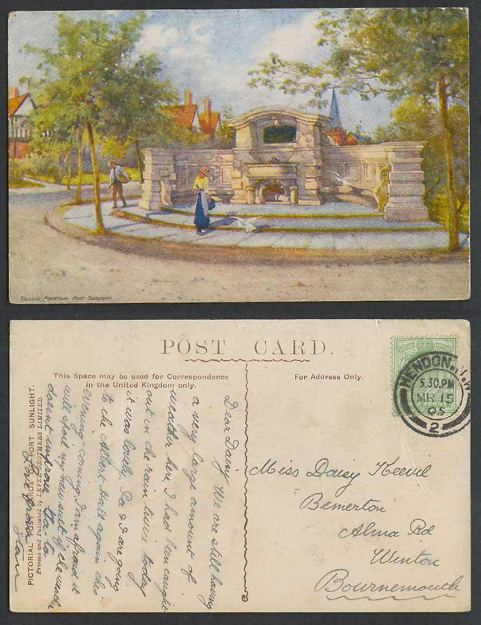 Port Sunlight Village Fountain Street Scene Cheshire 1905 Old Art Drawn Postcard