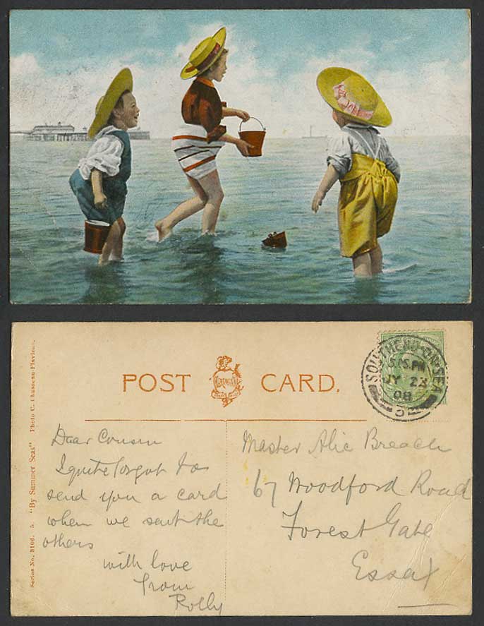 Children at Play in the Sea with Buckets, Pier, By Summer Seas 1908 Old Postcard