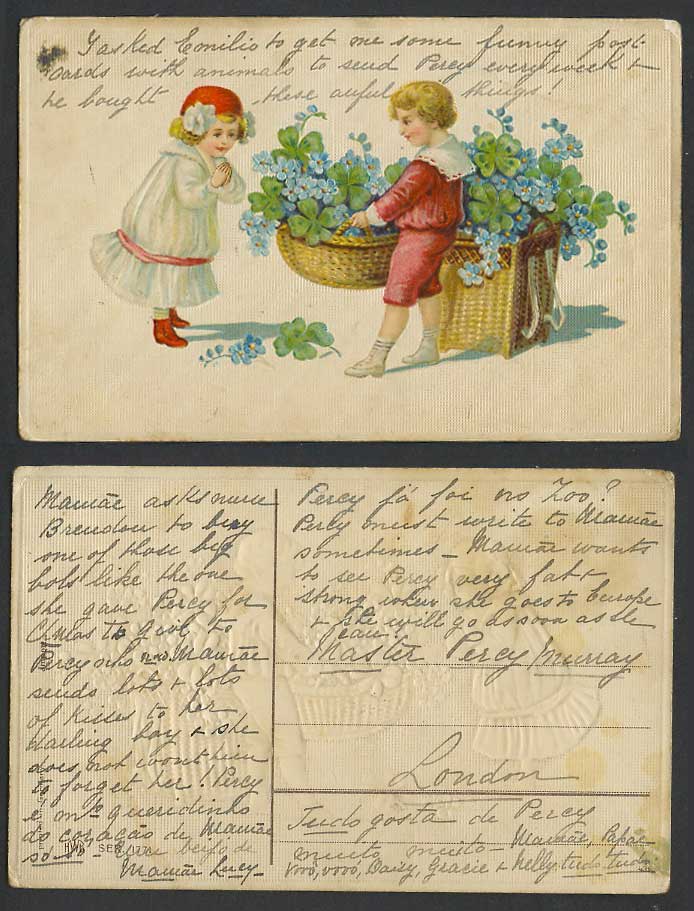 Children Little Boy and Girl, Baskets of Flowers and 4-leaf clovers Old Postcard