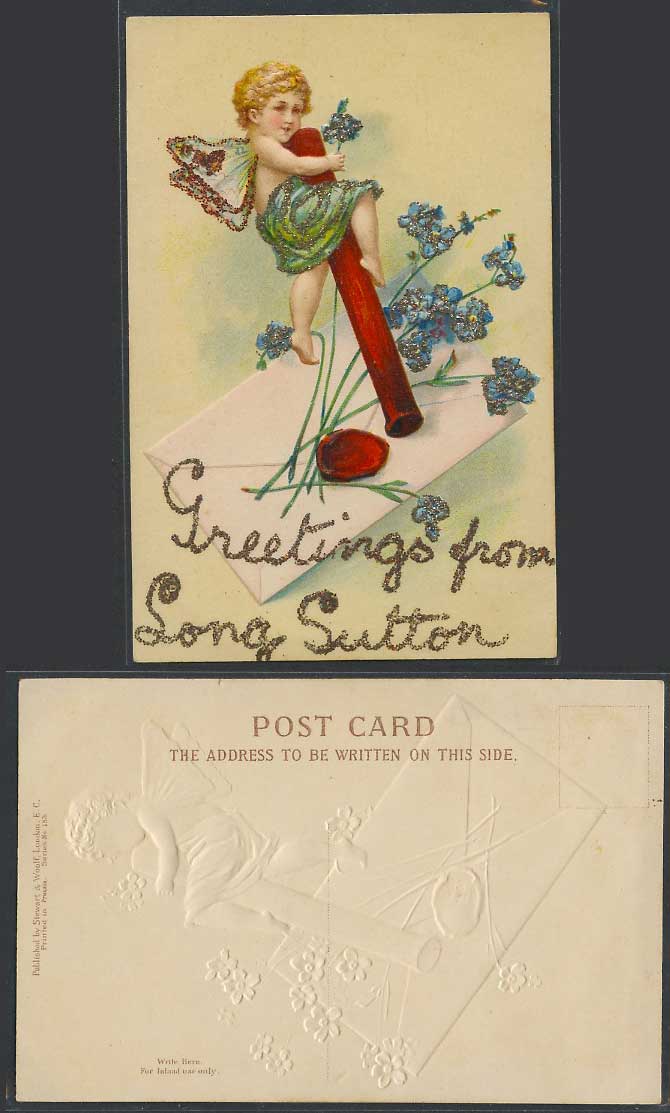 Greetings from Long Sutton Lincs. Angel Letter, Novelty Glitters Old UB Postcard