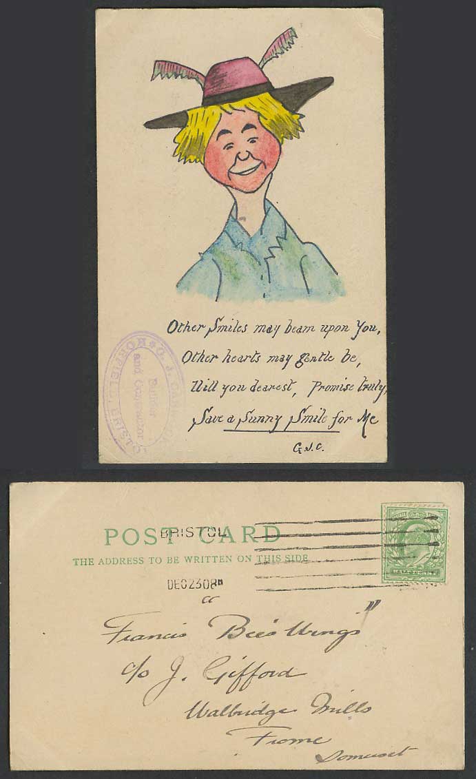 Novelty Hand Painted 1908 Old Postcard Woman, Hat, Other Smiles My Beam Upon You