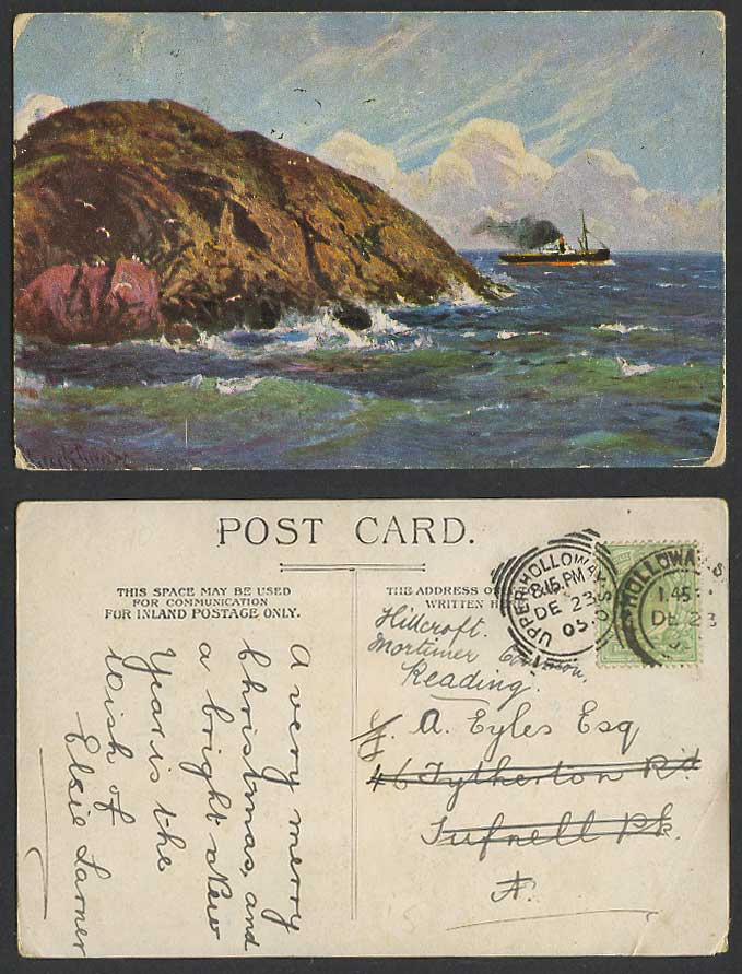 Artist Signed Coastal Panorama Rocks Steamer Steam Ship 1905 Old Colour Postcard