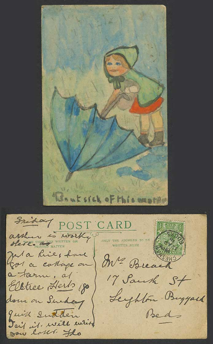 Novelty Hand Painted 1918 Old Postcard Girl Umbrella, 'Bout Sick of This Weather