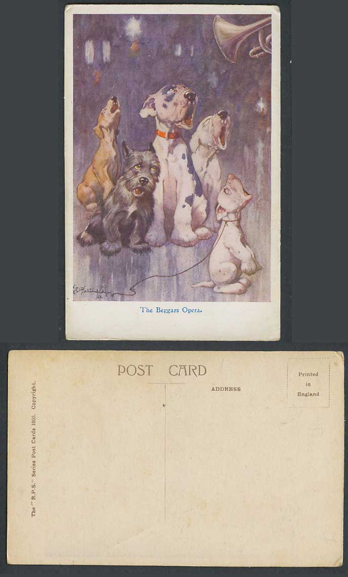 BONZO DOG GE Studdy Old Postcard Beggars Opera Dogs Puppies Singing Trumpet 1003
