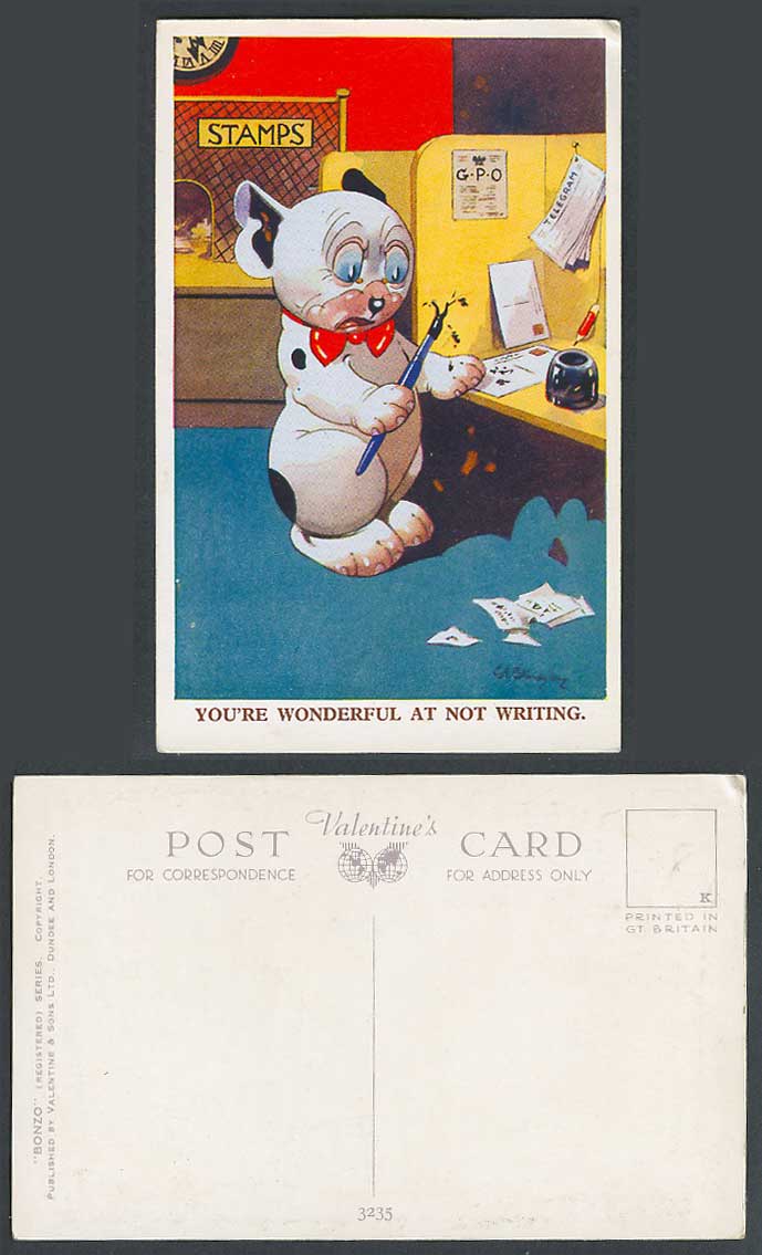 BONZO DOG GE Studdy Old Postcard U R Wonderful at Not Writing G Post Office 3235
