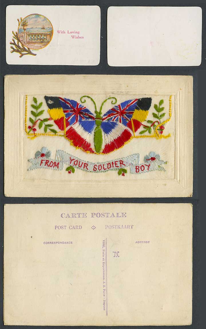 WW1 SILK Embroidered Old Postcard Butterfly From Your Soldier Boy, Loving Wishes