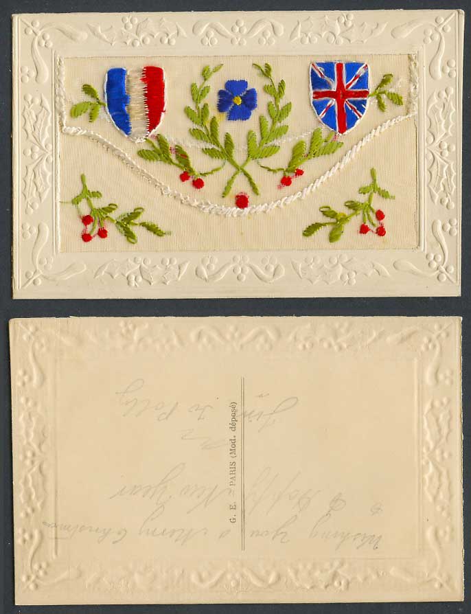 WW1 SILK Embroidered French Old Postcard Holly Flowers Flag Empty Wallet Novelty