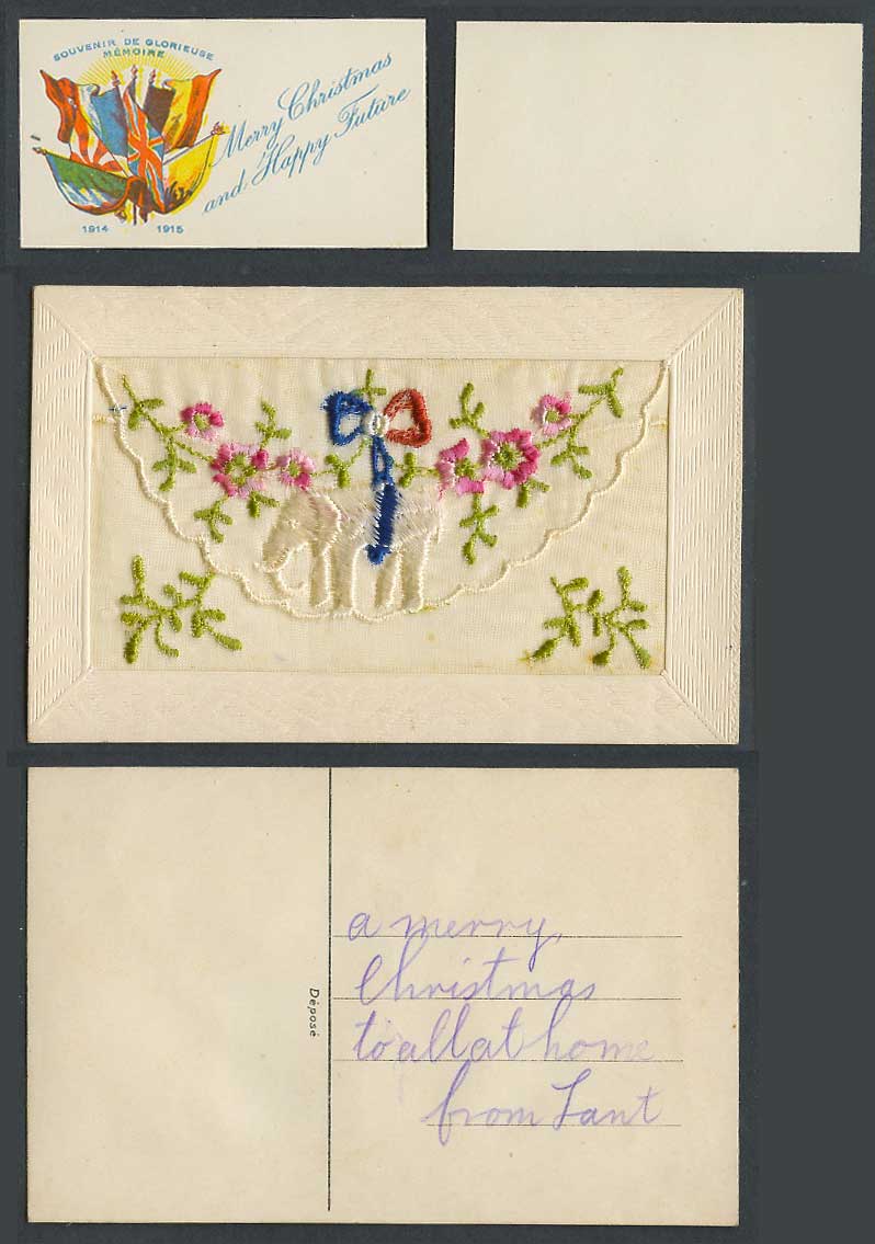 WW1 SILK Embroidered 1914 Old Postcard Elephant Knot Flower Flag Merry Christmas