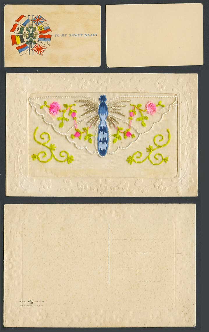 WW1 SILK Embroidered Old Postcard Butterfly Moth, To My Sweet Heart Flags Wallet