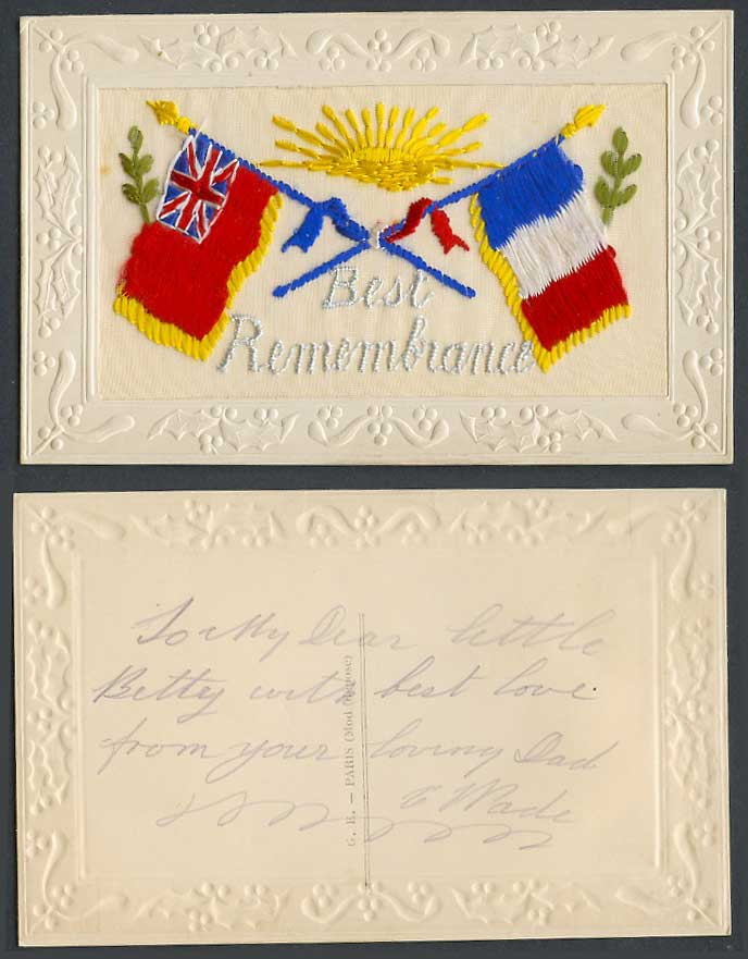 WW1 SILK Embroidered Old Postcard Best Remembrance, Sun Rays, Flag Flags Novelty
