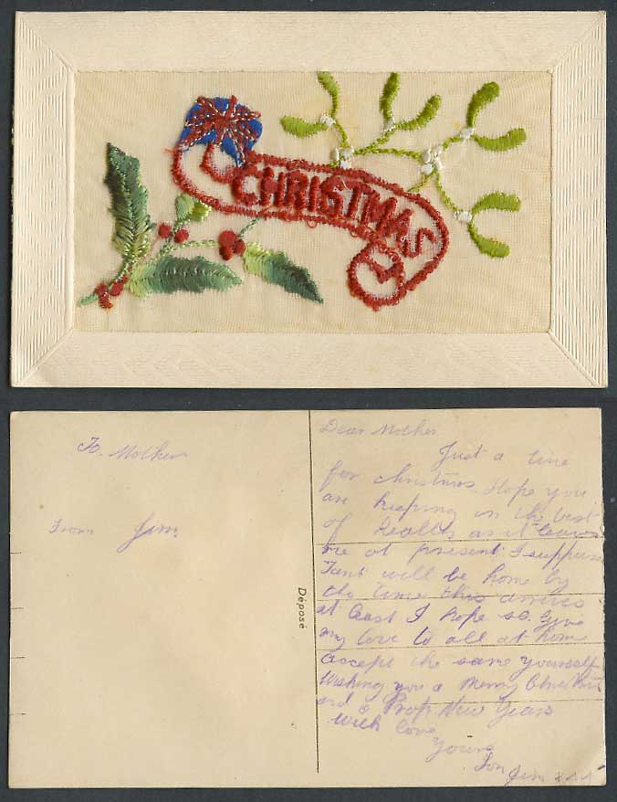 WW1 SILK Embroidered Old Postcard Christmas, Holly Mistletoe Flag Xmas Greetings