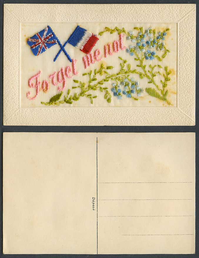 WW1 SILK Embroidered Old Postcard Forget Me Not Blue Flowers British French Flag