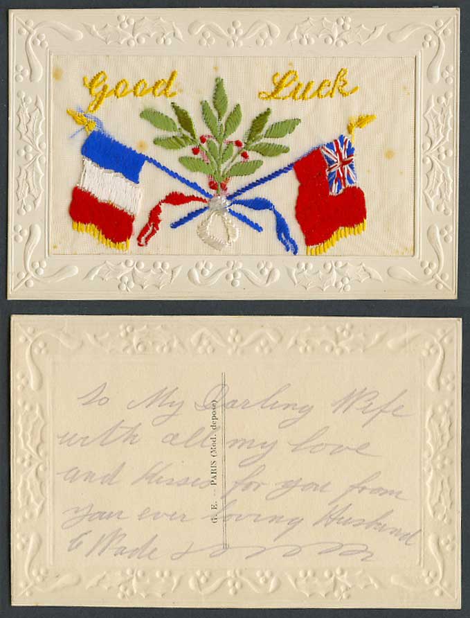 WW1 SILK Embroidered French Old Postcard Good Luck, Flags Flag Greetings Novlety