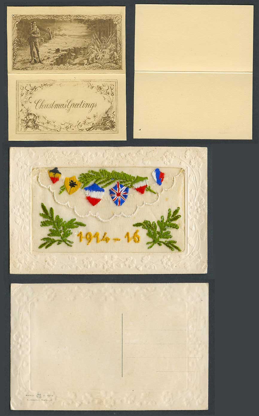 WW1 SILK Embroidered 1914-16 Old Postcard Flags Arms Soldier Christmas Greetings