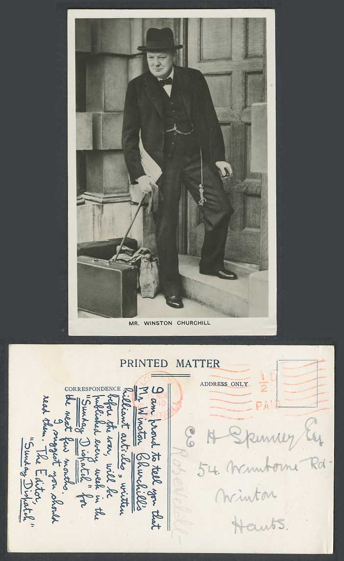 WINSTON CHURCHILL Meter Mark London 1/2d Paid 1940 R.P. Postcard Sunday Dispatch
