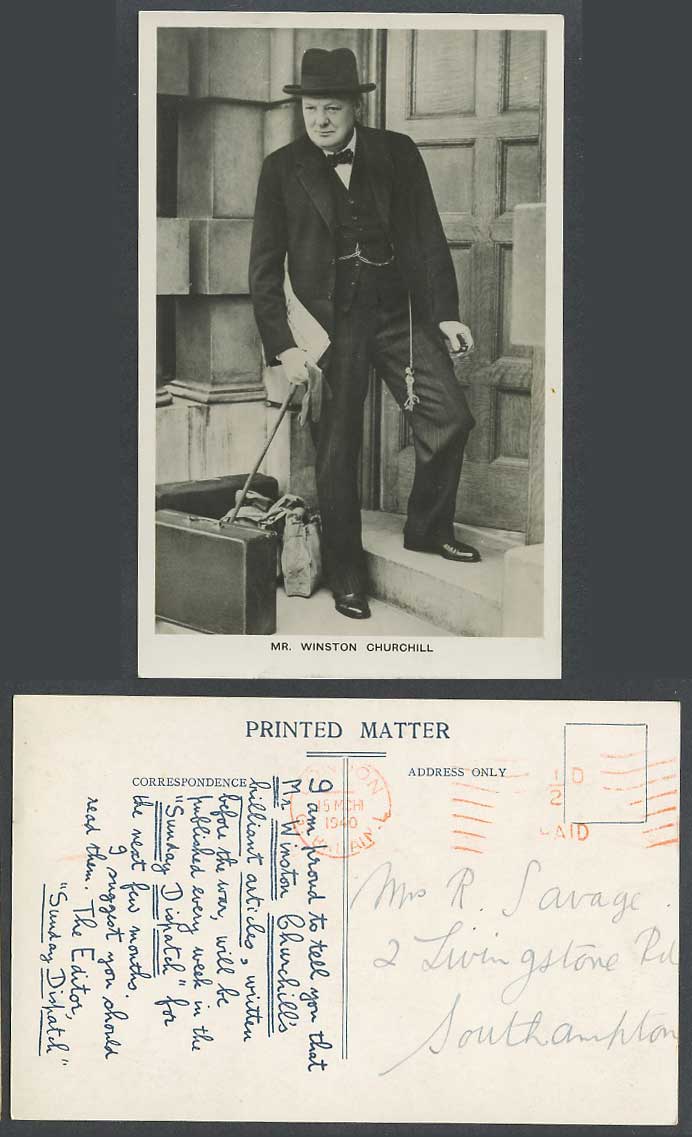 WINSTON CHURCHILL, Meter Mark London 1/2d Paid 1940 Old Postcard Sunday Dispatch
