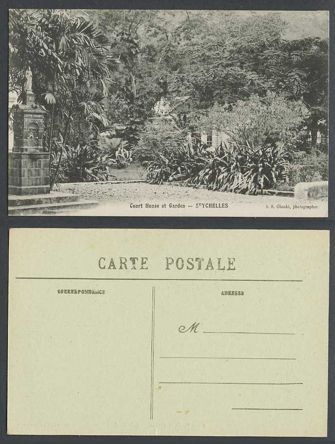 Seychelles Old Postcard Court House et Garden VRI 1837 Victoria 1897 Statue Palm