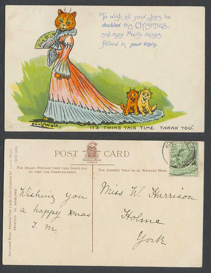 LOUIS WAIN Artist Signed Cats, Xmas, Twins This Time Thank You 1905 Old Postcard