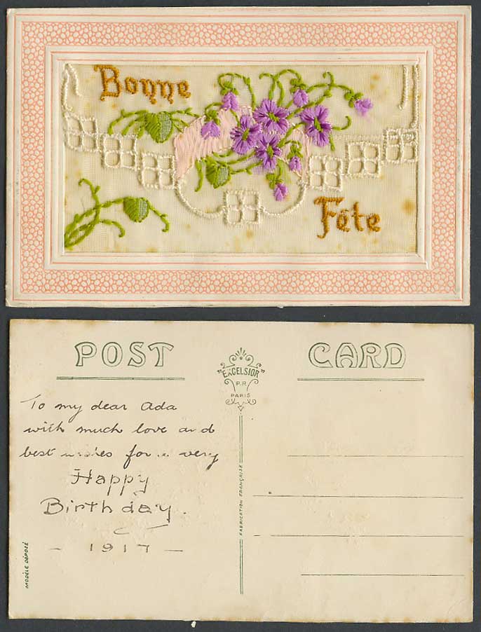 WW1 SILK Embroidered 1917 Old Postcard Bonne Fete Happy Holiday, Flowers, Wallet