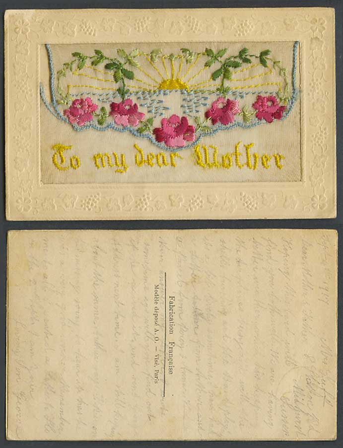 WW1 SILK Embroidered Old Postcard To My Dear Mother Sun Red Flowers Empty Wallet