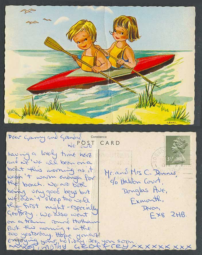 LEONI Artist Signed 1974 Old Postcard Children Boy Girl Row Surfing Canoe Boat