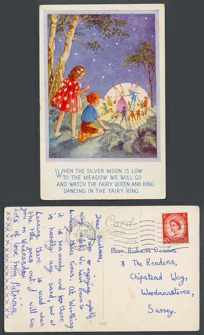 MS Artist Signed 1958 Postcard Fairies King Queen Dancing Fairy Ring Silver Moon
