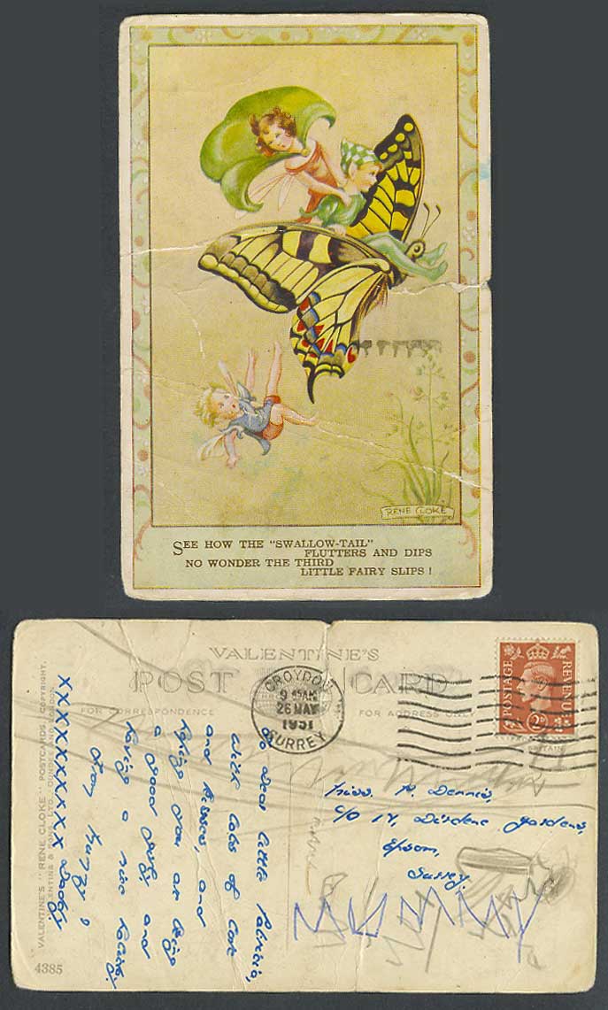 Rene Cloke 1951 Old Postcard Butterfly Swallow-Tail Flutters & Dips, Fairy Slips