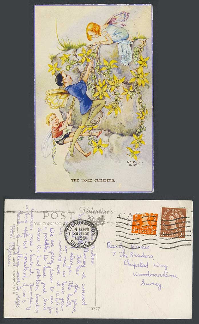 Rene Cloke Artist Signed 1959 Old Postcard The Rock Climbers, Fairies Fairy Girl