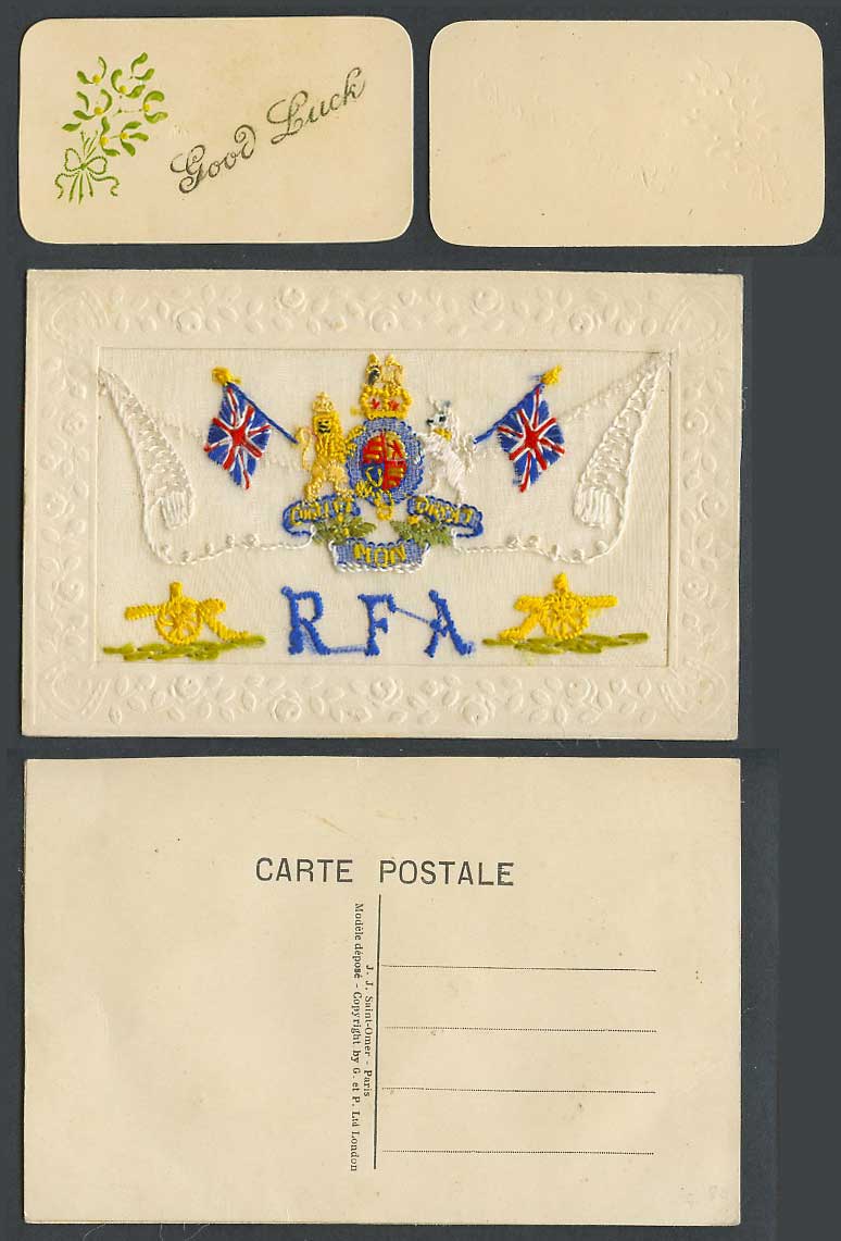 WW1 SILK Embroidered Old Postcard R.F.A. Royal Field Artillery, Good Luck Wallet