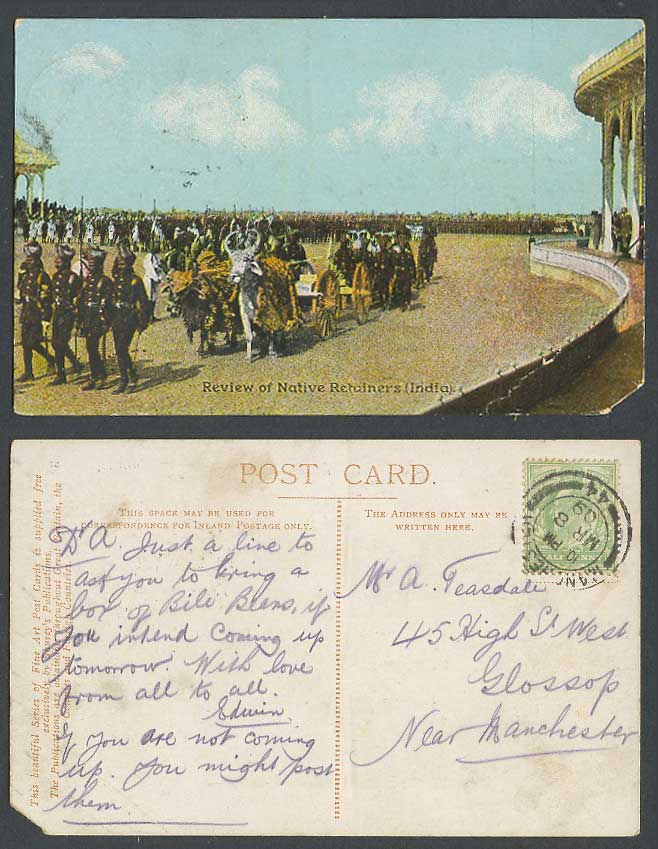 India 1909 Old Colour Postcard Review of Native Retainers, Cattle Cart, Soldiers