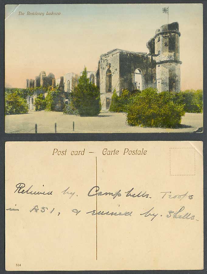 India Old Hand Tinted Postcard The Presidency Lucknow Ruins British Flag No. 514