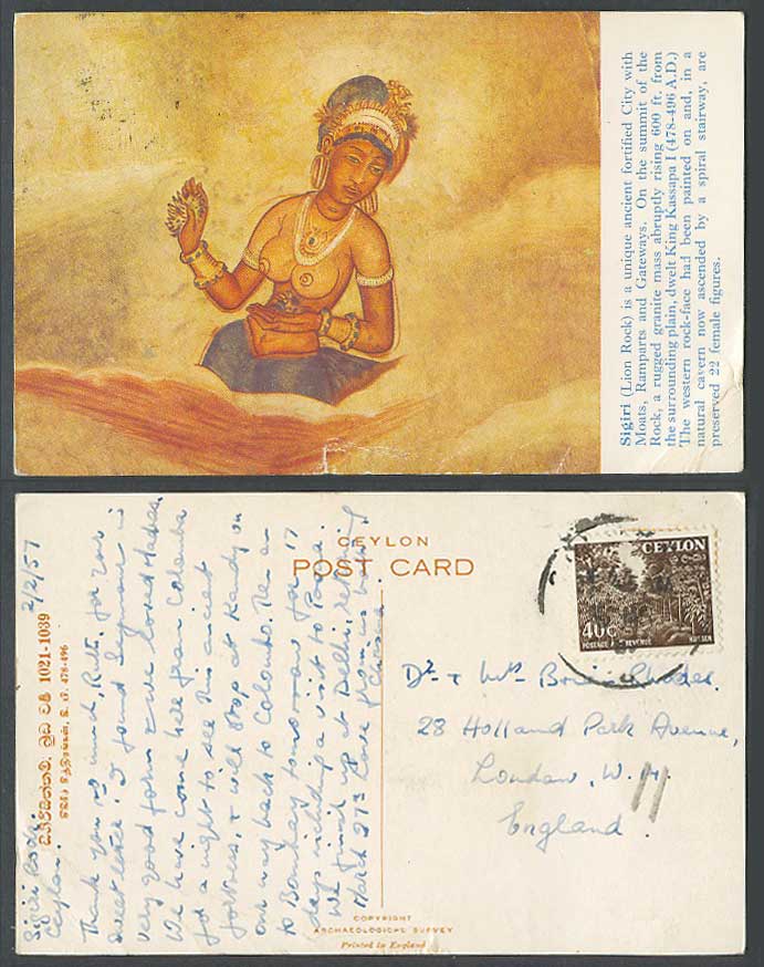 Ceylon 40c 1957 Old Colour Postcard Sigiri, Lion Rock, Painted Woman with Flower