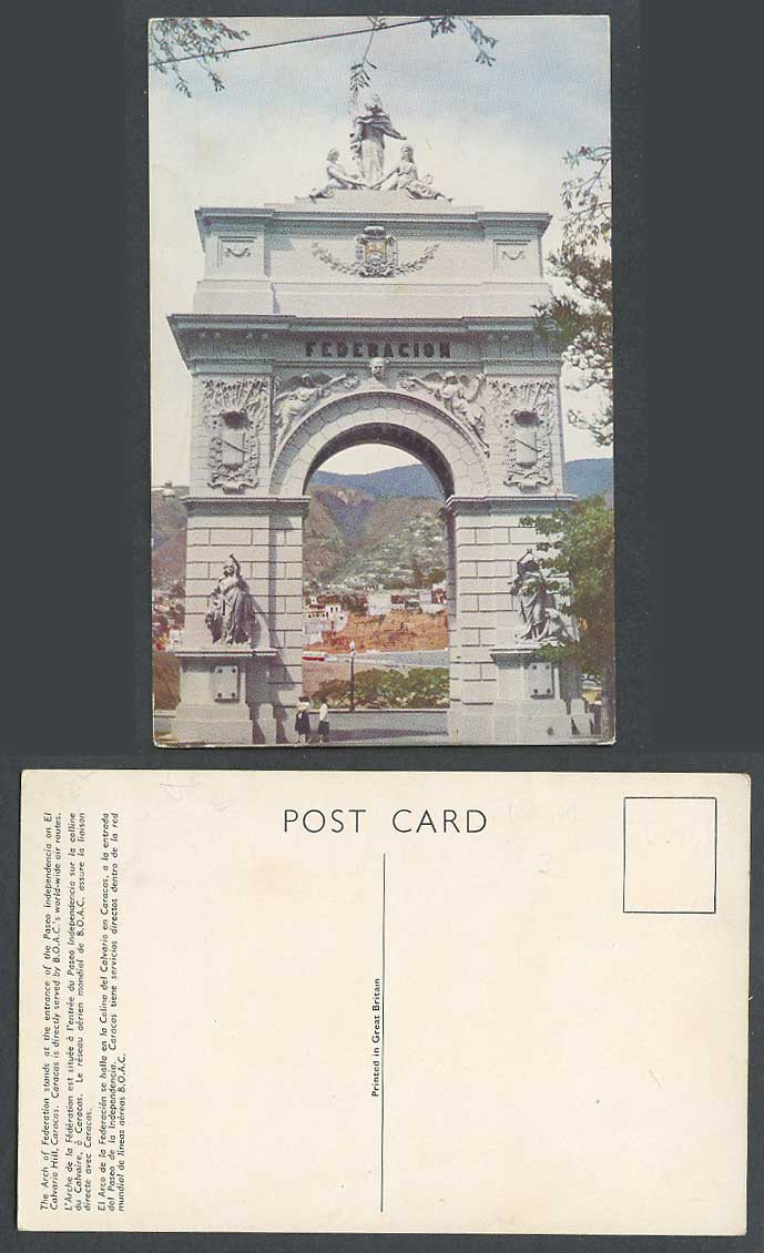 Venezuela Postcard Caracas Arch of Federation, Paseo Independencia Calvario Hill