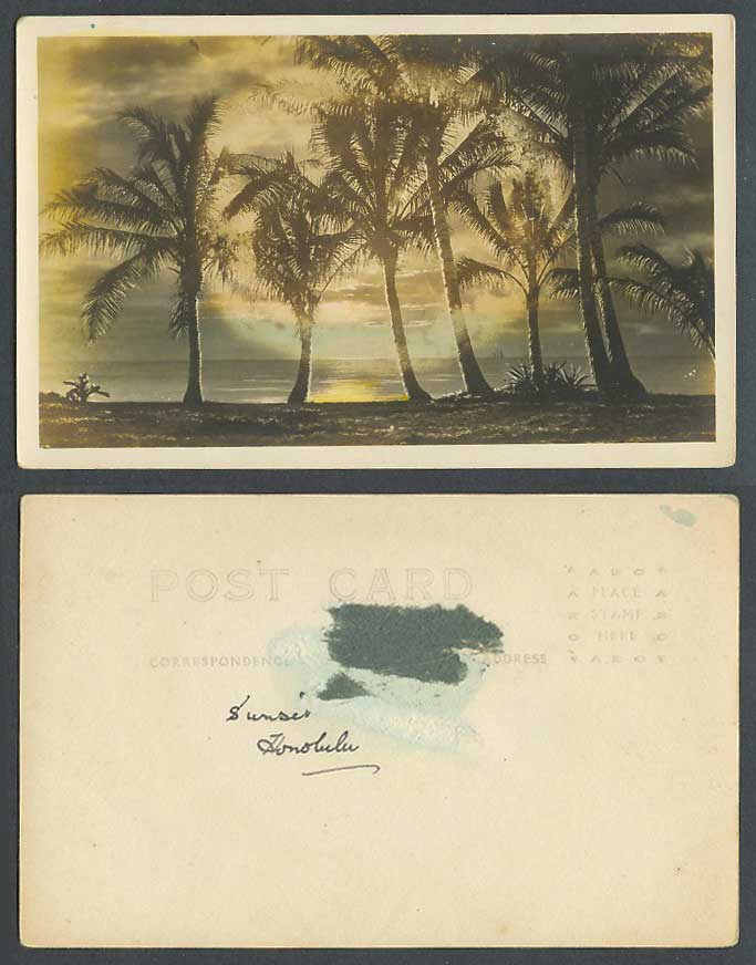 Hawaii Honolulu USA Old R. Photo Colour Postcard Sunset Palm Trees Seaside Coast