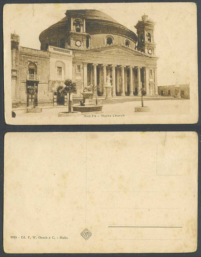 Malta Old Postcard MUSTA CHURCH Dome Cathedral Lion Statue Fountain Steps Street