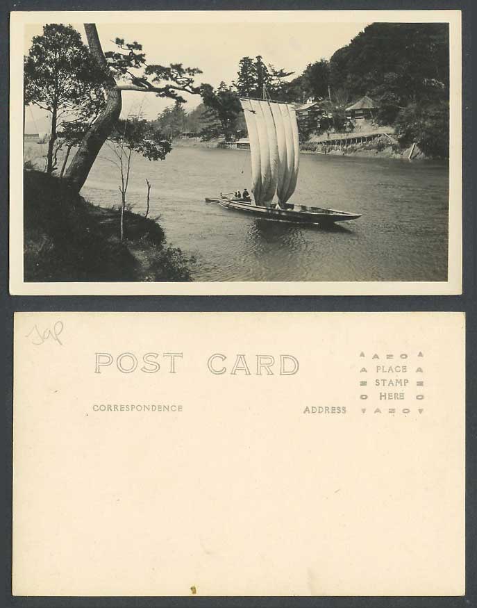 Japan Old Real Photo Postcard Native Japanese Sailing Boats River Scene Panorama