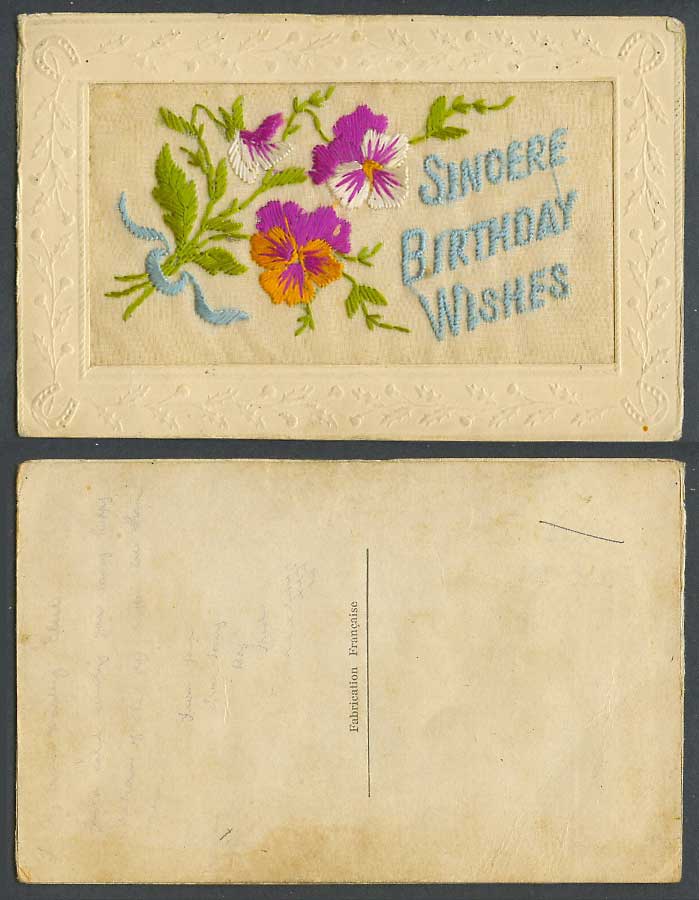 WW1 SILK Embroidered Old Postcard Sincere Birthday Wishes, Pansy Flowers Pansies