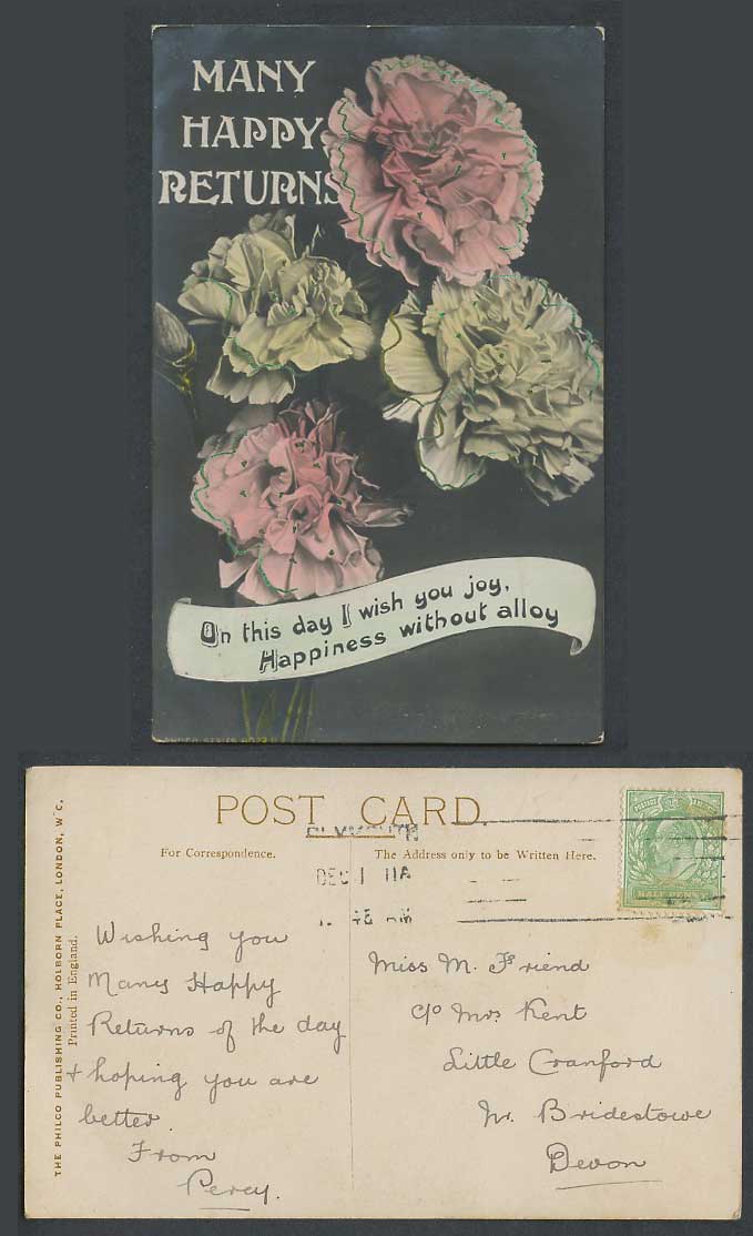 Many Happy Returns, Carnation Flowers, Happiness without Alloy 1911 Old Postcard