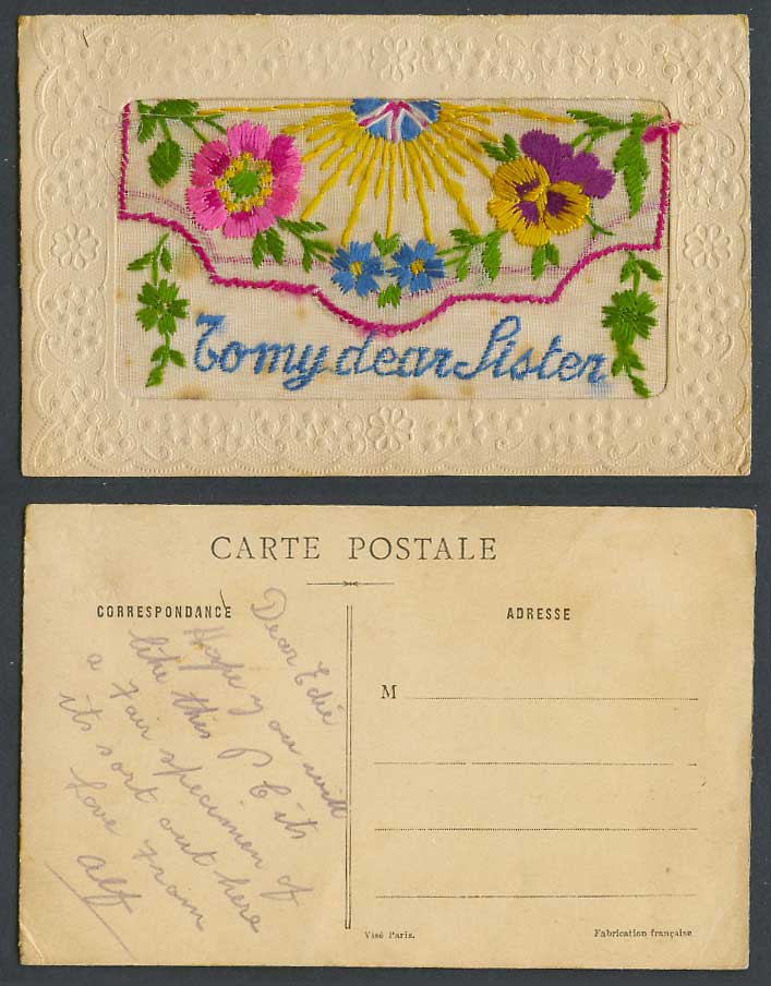 WW1 SILK Embroidered Old Postcard TO MY DEAR SISTER Flower Flag Sun Empty Wallet