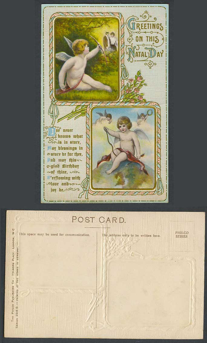 Cupid Angels Bow and Arrow Romance Old Embossed Postcard Greetings on Natal Day