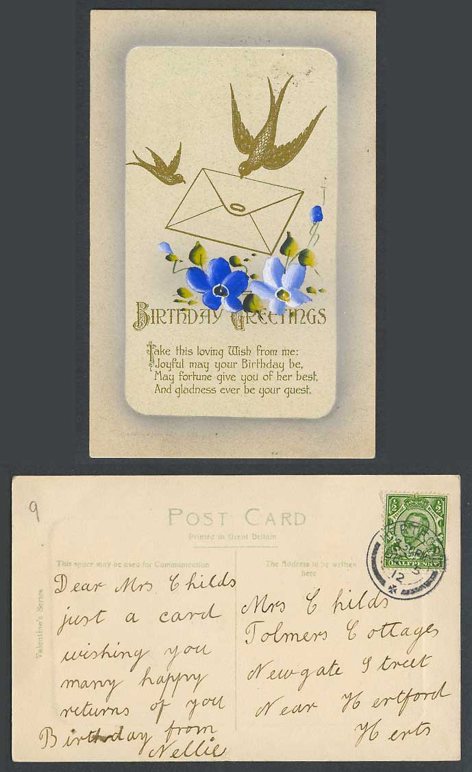 Hand Painted Blue Flowers, Birds delivery Letter Birthday Greetings Old Postcard