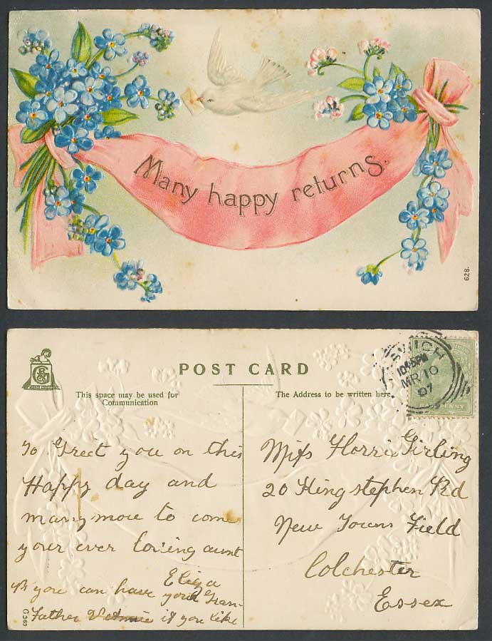 Bird delivering Letter, Flowers, Many Happy Returns 1907 Old Postcard Greetings