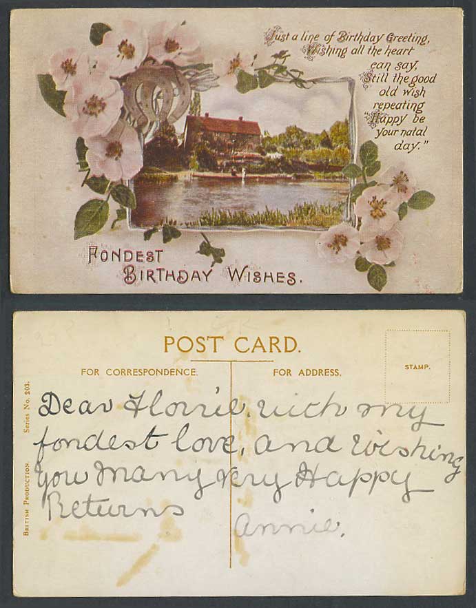 Fondest Birthday Wishes, Flowers Horseshoe Cottage House, Greetings Old Postcard