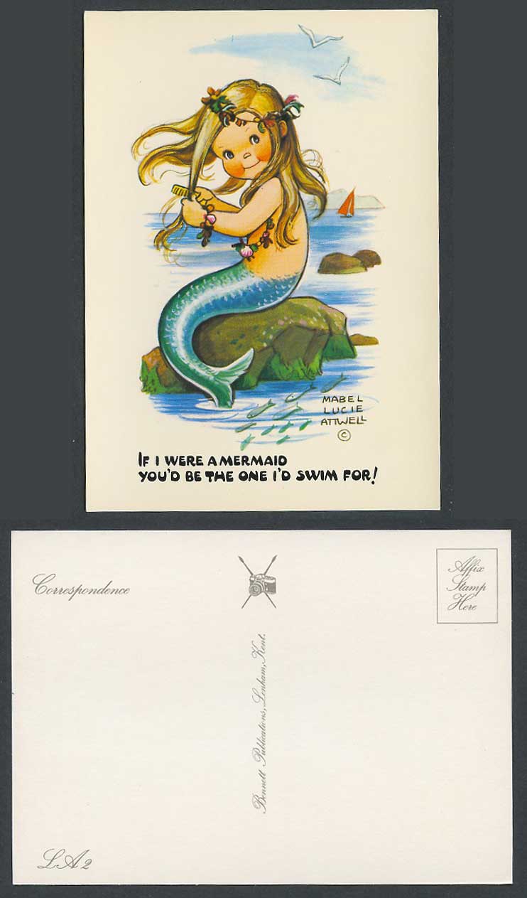 Mabel Lucie Attwell Old Postcard If I Were Mermaid I'd Swim For You Fishtail LA1